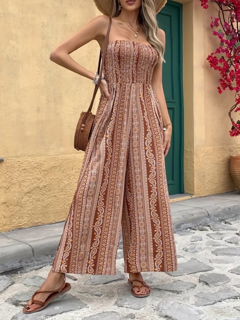 Boho Strapless Smocked Jumpsuit Brown Paisley New Boutique - Picture 4 of 7